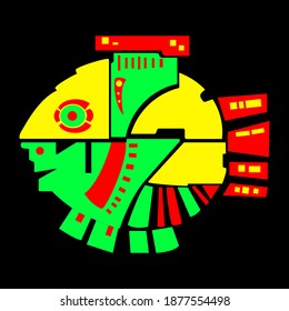 Geometrischer Fisch in drei Tönen - rot, grün, gelb. Vektorgrafik.
