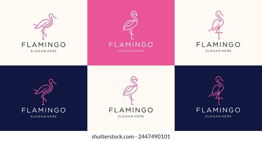 geometric flamingo logos inspiration. pink animals flamingo logo mono line set design template.