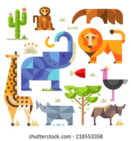 Geometric flat Africa animals and plants, including elephant, lion, monkey, giraffe, rhino, ostrich, anteater, hyena, cactus