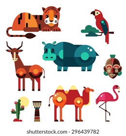 Geometric flat Africa animals and plants vector