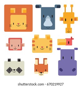 Geometric flat animals. including tiger, lion, monkey, giraffe, rhino, panda, fox, parrot, hippo