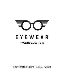geometric flat black eyewear with wings logo icon vector template