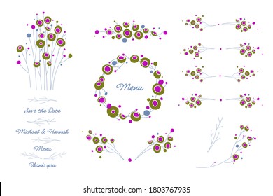Geometric, flat, cartoon elements. Flowers, twigs abstract. Wreath and stripes, bouquets, for registration of an invitation, greeting card, pastry shop