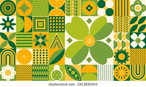 Geometric flat composition of plants and fruits, abstract decorative art, web banner and poster with ornamental tile pattern. Vector illustration.