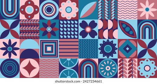 Geometric flat composition of plants and fruits, abstract decorative art, web banner and poster with ornamental tile pattern. Vector illustration.
