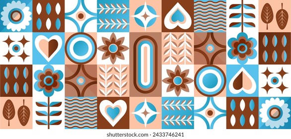 Composición plana geométrica de plantas, arte decorativo abstracto natural, banner web y póster con patrón de azulejos ornamentales. Ilustración vectorial.