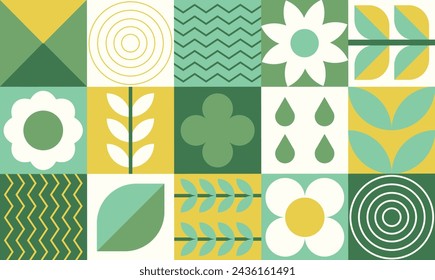 Geometric flat composition of plants, natural abstract decorative art, web banner and poster with ornamental tile pattern. Vector illustration.