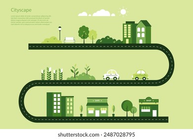 El diseño plano geométrico de un paisaje urbano con edificios y tiendas, una carretera sinuosa, árboles, un parque, coches, sol y nubes. Enfatizando la vida ecológica y el desarrollo urbano. Ilustración vectorial