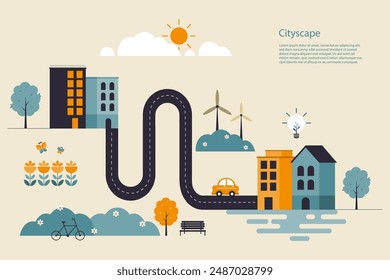 The geometric flat design of a cityscape with buildings, a winding road, wind turbines, trees, a bicycle, sun, and clouds. Emphasizing eco-friendly living and urban development. Vector illustration