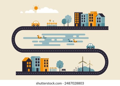 The geometric flat design of a cityscape with buildings, a winding road, wind turbines, trees, cars, sun, and clouds. Emphasizing eco-friendly living and urban development. Vector illustration