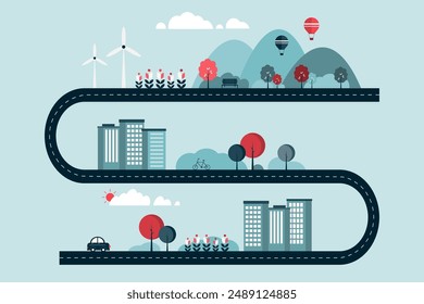 El diseño plano geométrico de un paisaje urbano con edificios, una carretera sinuosa, un parque, árboles, un coche, sol y nubes. Enfatizando la vida ecológica y el desarrollo urbano. Ilustración vectorial