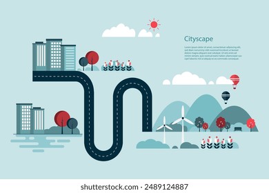 El diseño plano geométrico de un paisaje urbano con edificios, una carretera sinuosa, un parque, árboles, molinos de viento, sol y nubes. Enfatizando la vida ecológica y el desarrollo urbano. Ilustración vectorial