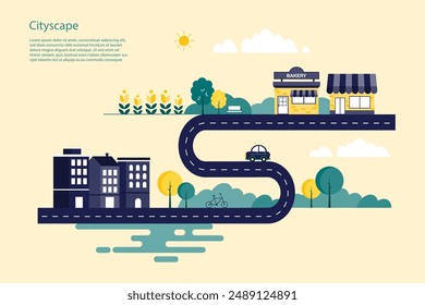 The geometric flat design of a cityscape with buildings, shops, a winding road, a park, trees, cars, sun and clouds. Emphasizing eco-friendly living and urban development. Vector illustration