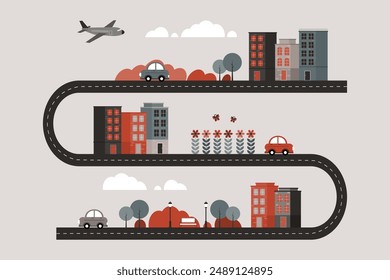 The geometric flat design of a cityscape with buildings, a winding road, a park, trees, a car, and clouds. Emphasizing eco-friendly living and urban development. Vector illustration