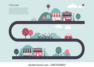 El diseño plano geométrico de un paisaje urbano con tiendas y comercios, una carretera sinuosa, un globo aerostático, árboles, un coche, una montaña y nubes. Enfatizando la vida ecológica y el desarrollo urbano. Vector.