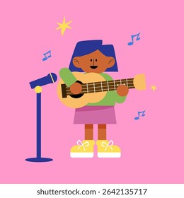 A geometric flat design illustration of a cheerful female guitarist playing an acoustic guitar and singing, with music notes floating around. Bright and colorful style that reflects a fun musical vibe