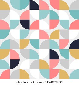 Geometric flat design retro circle seamless pattern, vector trendy colours abstract background