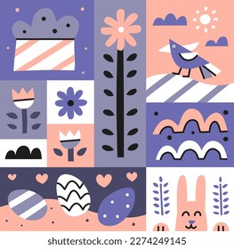 Geometric flat Easter poster with kulich cake, eggs, bird, bunny and flowers. Abstract spring festival postcard. Modern minimalist graphic.