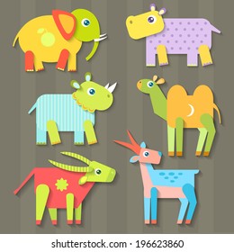 geometric flat elephant, rhino, bull, hippo, antelope and camel