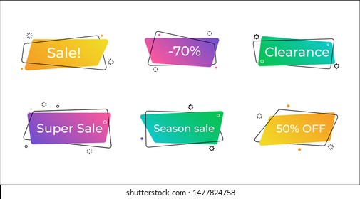 Geometric flat gradient sale banners. Modern vector color shapes for logo, label, discount title frame, promotion. Trendy sale offer abstract boxes