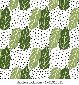 Geometric flat green foliage seamless pattern on dots background. Botanical leaves background. Decorative backdrop for fabric design, textile print, wrapping. Vector illustration
