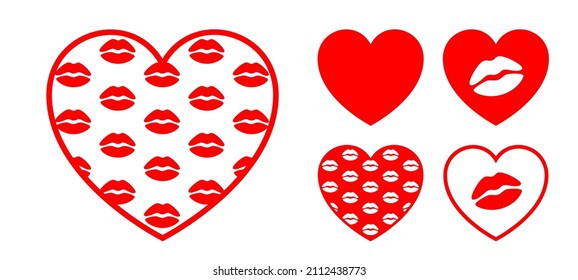 Geometric flat heart shape with lip kiss pattern texture. Love icon vector design elements for print and decoration design. Modern concept for Valentine's day