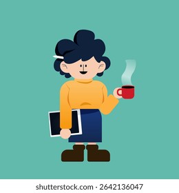 A geometric flat illustration of a freelance woman with a coffee cup and tablet, representing a calm and creative work style.