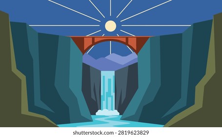 Geometric flat landscape showing a red arch bridge built over a steep canyon with a flowing waterfall.