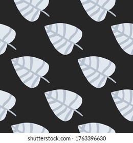Geometric flat leaves seamless pattern on black background. Simple monochrome botanical backdrop. Foliage wallpaper. Decorative backdrop for fabric design, textile print, wrapping, cover.
