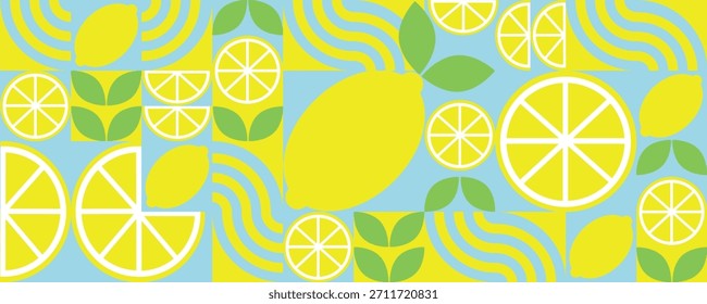 Geometric Flat Lemon and Leaf Tile Design. Bauhaus vegetable abstract minimalist fruit pattern. Shapes of natural organic flower plants, eco-agriculture citrus. 