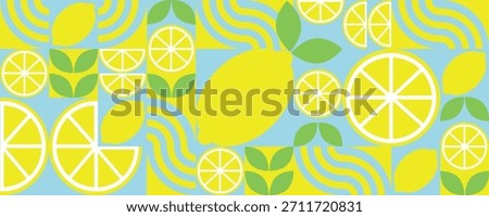 Geometric Flat Lemon and Leaf Tile Design. Bauhaus vegetable abstract minimalist fruit pattern. Shapes of natural organic flower plants, eco-agriculture citrus. 