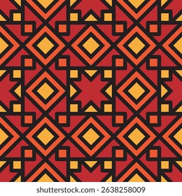 Geometric Flat Ornament Diamond Seamless Pattern Illustration in Bright Red and Yellow