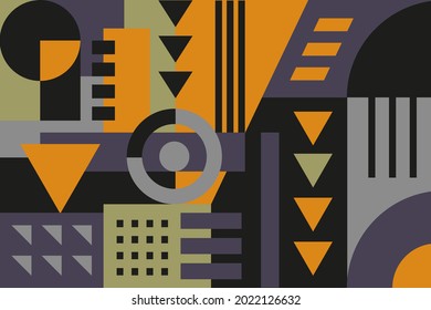 Geometric flat shapes background. Geometrical bacckground with fractials, shapes and figures in orange, yellow, black and gray colors.