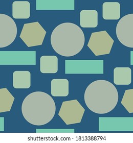 Geometric flat shapes of green shades on a dark background for textiles. Seamless pattern. Dynamic composition of circles, squares, rectangles, hexagons on a blue background.