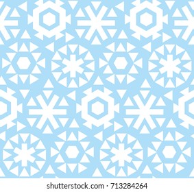 geometric flat snowflake seamless pattern vector illustration.  blue winter repeatable motif for fabric, wrapping paper, surface design. ice floral abstract snow