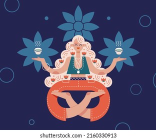 Geometric flat vector illustration of a girl drinking a cup of tea. Woman chatacter chilling and relaxing with hot green tea