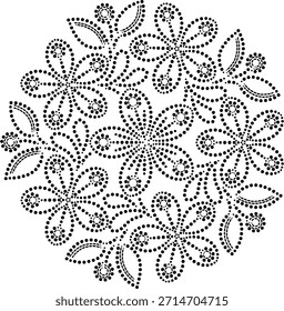 Abstrato floral geométrico Padrão Mandala de flor central pontilhada com borda de rotação periférica de flores com folhas e botões giratórios, Bordado Floral Ilustração de vetor para almofada, cortinas