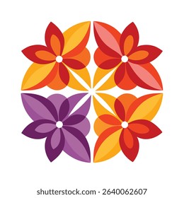 Geometric floral arrangement featuring colorful abstract flowers on a clean white background