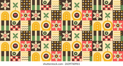 Geometric floral arrangement with retro colorful squares composition.