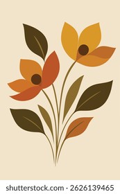 Geometric floral artwork with vibrant flowers in burnt orange, terracotta, and mustard yellow. Deep brown and olive green leaves with subtle beige stems. 