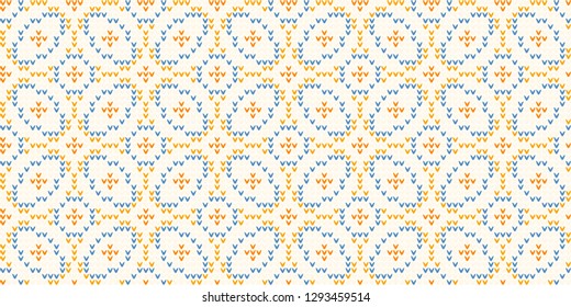 Geometric floral background elegant seamless flower shapes circle pattern abstract fabric print classy contrast colours graphic style. Casual repeating textile design, blue, white, orange yellow color