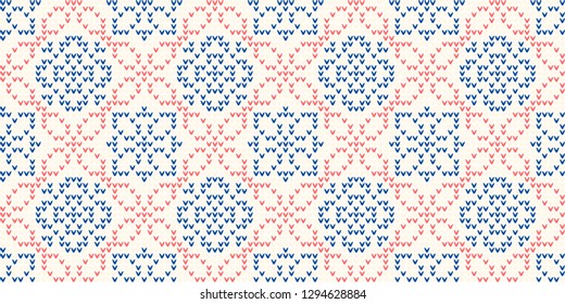 Geometric floral background elegant seamless flower shapes circle pattern abstract fabric print classy contrast colours graphic style. Casual repeating textile design, blue, white, pink, red colors.