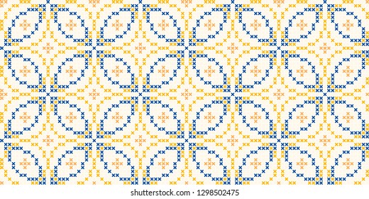 Geometric floral background elegant seamless diamond tile flower shapes pattern abstract fabric print classy contrast colours graphic style. Casual repeating textile design, blue, white, yellow colors