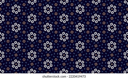 Geometric floral background elegant seamless flower shapes circle pattern abstract fabric print classy contrast colours graphic style. Casual repeating textile design, blue, white, orange yellow color
