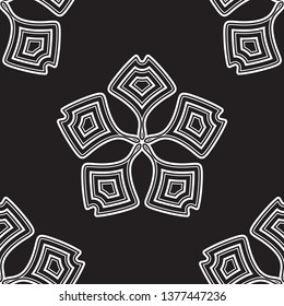 Geometric floral background seamless flower shapes pattern abstract minimalist fabric block print classic contrast colour graphic ornamental style. Casual repeat textile tile design black, white color