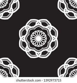 Geometric floral background seamless flower shapes pattern abstract minimalist fabric block print classic contrast colour graphic ornamental style. Casual repeat textile tile design black, white color