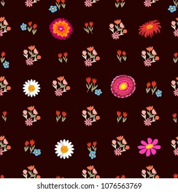 Geometric floral carpet. Seamless vector pattern with different floral elements. Chrysanthemums, chamomiles on brown background. Japanese, Chinese, Korean motifs. Vintage textile collection.