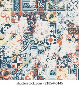 Geometric Floral Ceramic Tiles Patchwork Wallpaper Abstract Vector Seamless Pattern Grunge Effect In Separate Layer