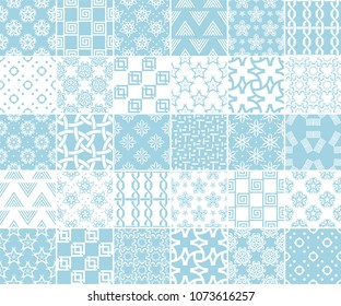 Geometric and floral collection of seamless patterns. Blue and white backgrounds for textile and wallpapers