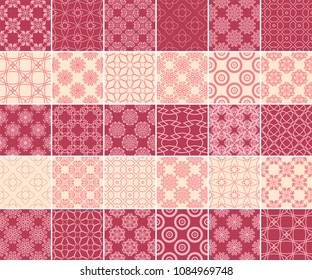 Geometric and floral collection of seamless patterns. Cherry red and beige backgrounds for textile and wallpapers